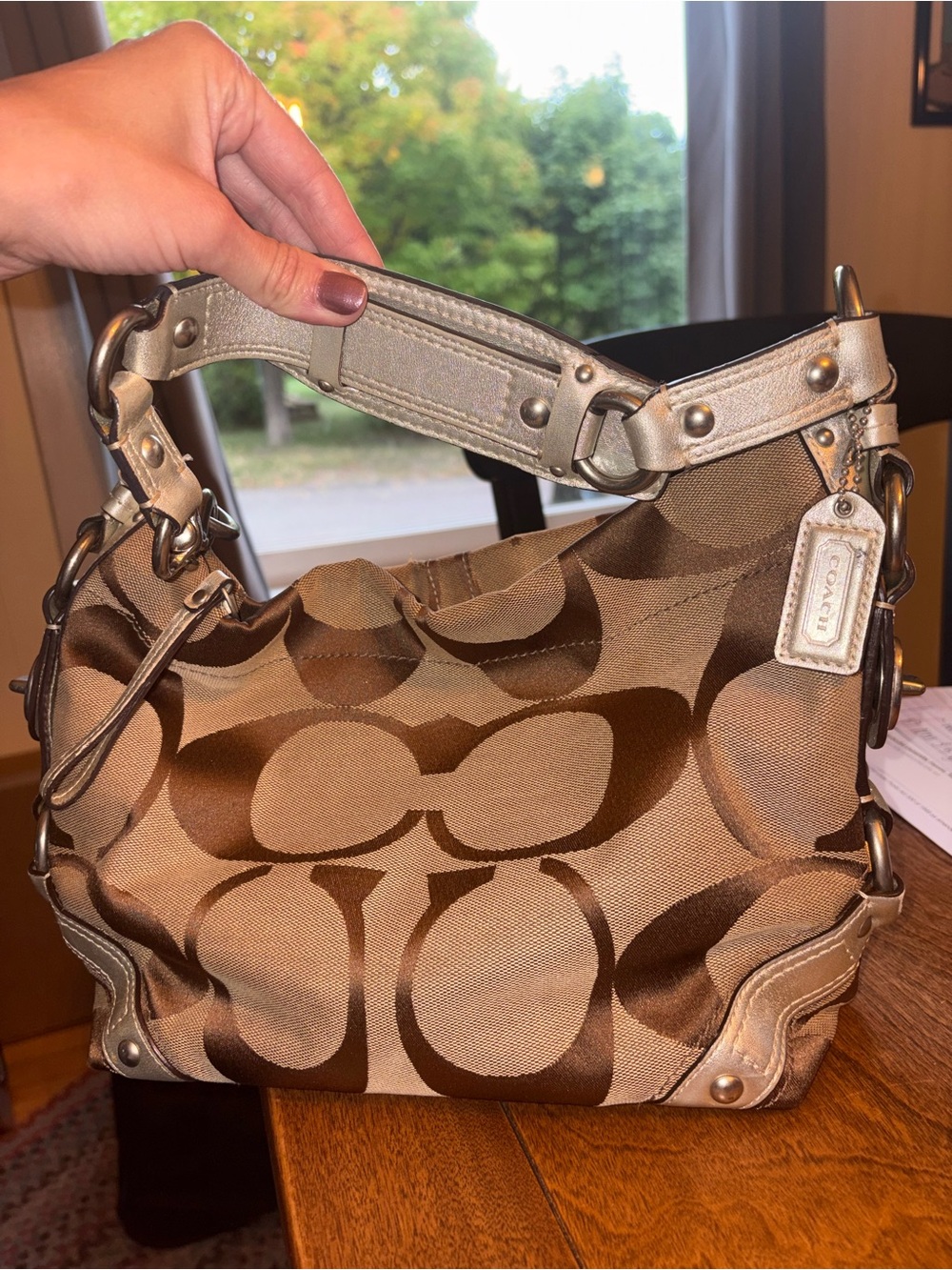 Coach Signature Carly 10619 Brown Jacquard Metallic Leather Shoulder Bag